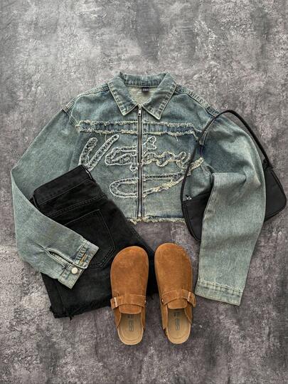 Attitoon Women's Y2k Clothes Vintage Front Zipper Long Sleeve Fringe Hem Casual Denim Winter Fall Jacket,For Daily Wear