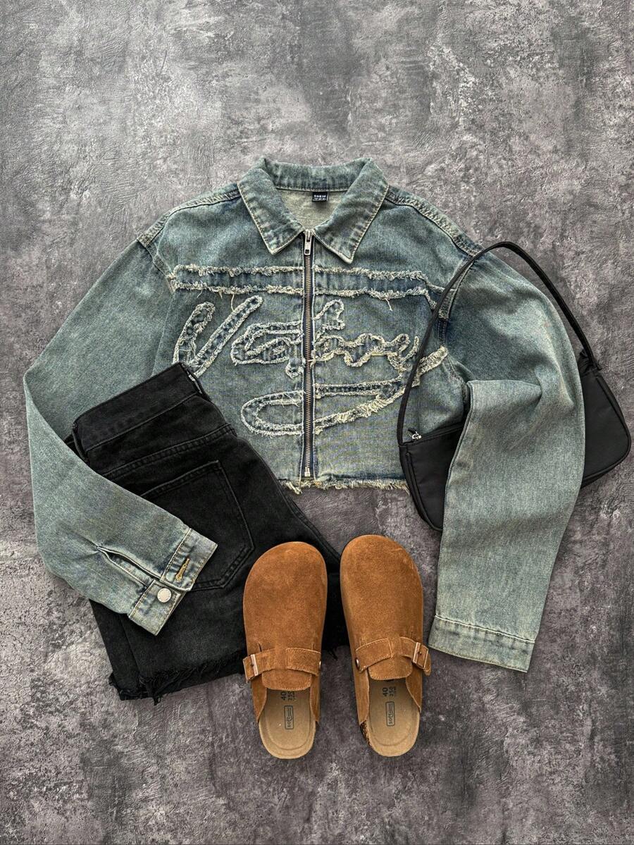 Attitoon Áo khoác denim mùa đông thu cổ điển Y2k cho nữ tay dài có viền tua rua phía trước, mặc hàng ngày - Rửa nhẹ - Xem 1
