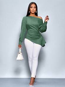 SOLERSUN Damen Bluse mit asymmetrischem Kragen, Langarm, seitlichem Tunnelzug und Raffung in Unifarbe