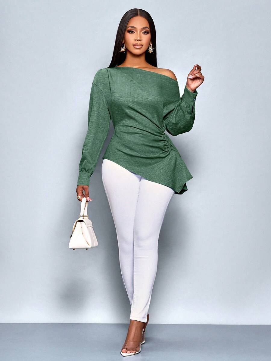 SOLERSUN Damen Bluse mit asymmetrischem Kragen, Langarm, seitlichem Tunnelzug und Raffung in Unifarbe