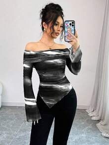 Elenzga Áo thun nữ hở vai tay dài đơn giản, thoải mái mặc hàng ngày, áo thun họa tiết cho nữ mùa xuân - màu đen - Xem 5