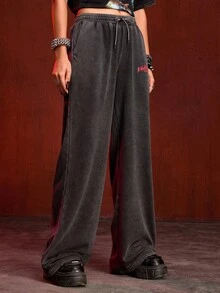 A Nightmare on Elm Street X ROMWE Women's Casual Fashion Street Letter Graphic Drawstring Waist Slant Pocket Loose Wide Leg Sweatpants - Black - View 10