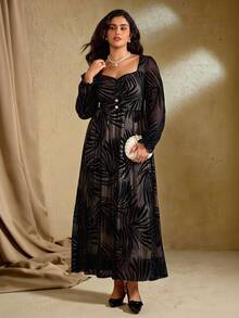 Roveilla Robe longue élégante à col carré vintage pour femmes grandes tailles, tenue de soirée - Noir - Voir 3