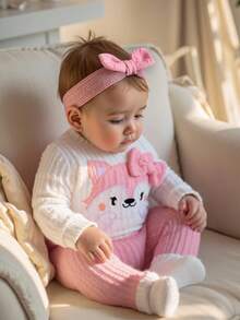 SHEIN Áo dài tay thêu màu trắng cho bé gái sơ sinh mùa thu kết hợp với quần hồng 2 món giản dị, đơn giản, thời trang và đa năng - Nhiều màu - Xem 7