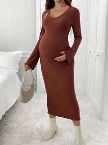 SHEIN Vestido de Maternidade Cor Sólida Decote em V Ombro Caído Manga Longa Ajustado Canelado,Marrom,Outono,Elegante,Ensaio Fotográfico,Vestido de Gravidez Grávida Café Inverno - Castanho - Visão 5