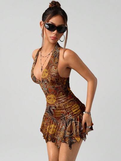 SHEIN ICON 露背复古拼色佩斯利印花紧身褶饰不对称下摆迷你连衣裙，非常适合女性性感俱乐部服装，具有波西米亚风、Y2K、垃圾摇滚、哥特式网络符号主义、朋克和美学风格