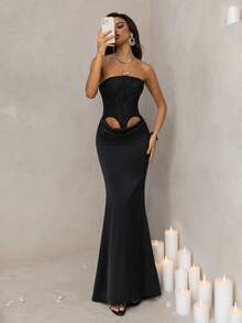 Vowa Women's Elegant Vintage Jacquard Satin Waist Hollow Out Ruffle Tie Fishtail Skirt,Formal Dress For Galas,Balls,Birthdays,Festivals & Graduations - Black - View 6