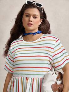 Zelara Vestido casual de verano con bolsillo, cuello redondo, manga corta y rayas de colores para mujeres de talla grande. Vestido de graduación, atuendo de verano y atuendo de vacaciones para mujeres