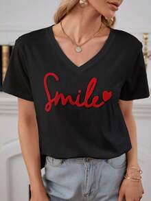 SHEIN Cottnline Cotton Heart & Letter Pattern Drop Shoulder Tee , Summer Vacation Top - Black - View 3