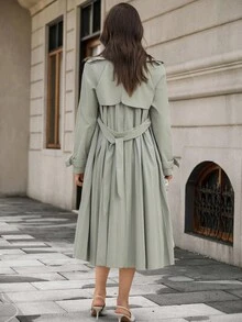 EMERY ROSE Women's Solid Front Button Pocket Simple Casual Trench Coat - Green - View 2