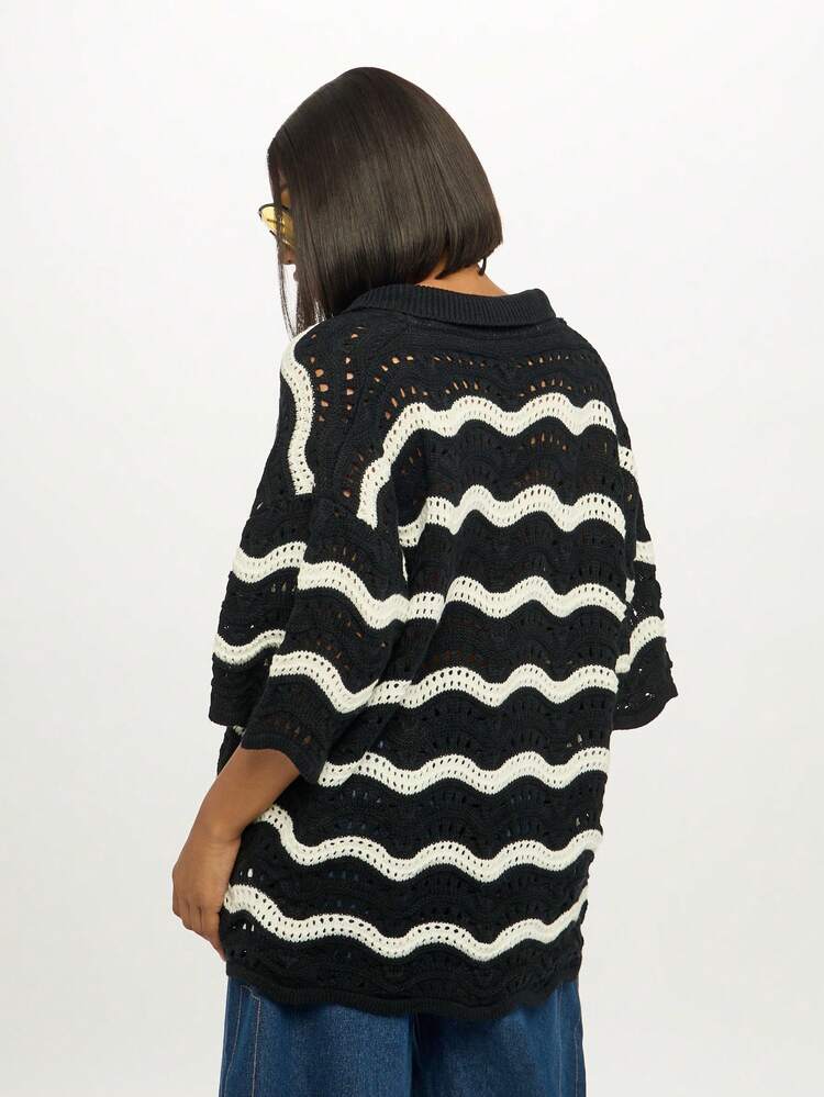 SUMWON WOMEN Crochet Knit Cardigan With Wave Pattern Buttons