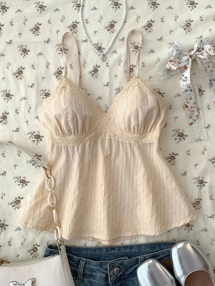 杏色蕾丝吊带背心，适合少女，优雅纯色蕾丝边吊带背心，适合夏季、度假、休闲、居家、BM 风格 - 杏色 - 查看 1