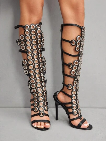 CUCCOO SZL New Fashionable European & American Style Sexy Rivet Hollow-Out Pointed Toe Super High Heel Boots Boots For Christmas