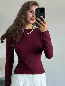 Aloruh Sexy Sheer Lace Long Sleeve Backless Top, Wine Red - Red Violet - View 5