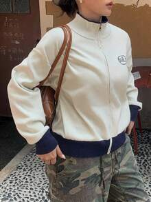 Dazy Plus Chaqueta de punto con cremallera y bloqueo de color con patrón bordado, informal y de talla grande para mujer, otoño/invierno - Albaricoque - Ver 8