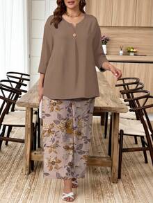EMERY ROSE 加大码卡其色上衣搭配复古花卉印花舒适休闲两件套 - 彩色 - 查看 4