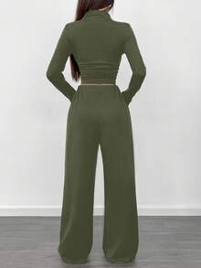 Almamuse 2pcs/Set Asymmetric Ruched Hem Long Sleeve Top And Wide Leg Pants Suit - Army Green - View 2