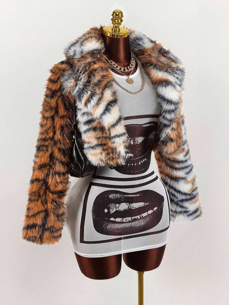 Amplova Women's Tiger Print Long Sleeve Loose Faux Fur Jacket, Autumn/Winter Cheetah Print,Fall - Multicolor - View 1