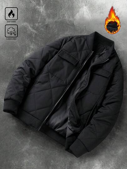 Manfinity Homme Men's Solid Color Long Sleeve Zip Front Pocket Design Casual Winter Jacket