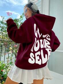SHEIN Unity Love Yourself Distorted English Graphic Oversized Drop Shoulder Long Hoodie Sweatshirt - Burgundy - View 5