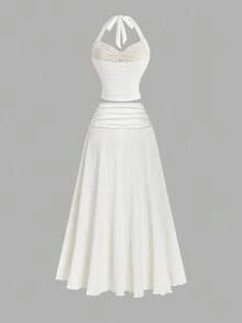 SHEIN MOD 2pcs/Set Women Jacquard Halter Top And Mini Skirt, White Skirt And Top Set,Fall Clothes For Women,Party ,Wedding ,Going Out Outfit,Elegant Women's Set,Chic Women's Set,Women's Country Clothing - Apricot - View 2