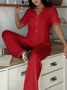 SHEIN 2pcs Women Casual Contrast Color Loungewear Set - Multicolor - View 4