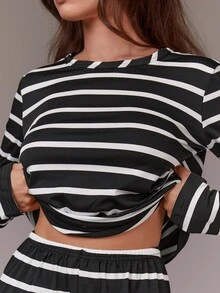 Athîral 女士黑白条纹长袖和长裤休闲睡衣套装 - 黑與白 - 查看 2