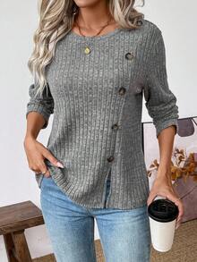 SHEIN LUNE Wish European & American Button Slit Ribbed Knit Crew Neck Long Sleeve Top - Grey - View 4