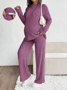 SHEIN 2pcs Maternity Solid Color Long Sleeve Hooded Top And Pants Set, Autumn 2 Pieces Maternity Set 2 Pieces Lounge Sets Woman Pregnancy Clothes Knitted Two Pieces Outfit Maternity Clothes Two Pieces Suits - Pink - View 5