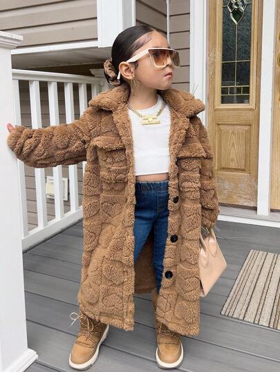 Girls' Solid Color Casual Coral Heart Fleece Mid-Length Turndown Collar Long Sleeve Jacket, Suitable For Autumn/Winter Kids Girls Clothing Brown Elegant Fleece Jacket Coat For Girls Fall Coat For Tween Girls Fur Jacket Kids Brown Girl Coat