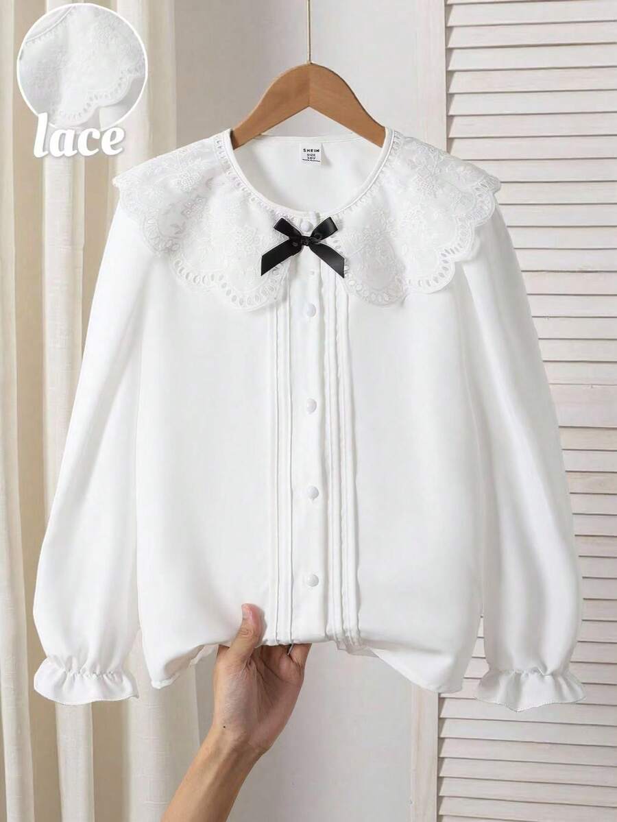 青少年女孩休闲时尚衬衫，蕾丝领，门襟设计，泡泡袖，适合返校、春季、夏季、秋季、休闲、优雅、日常穿着、度假、秋冬拍照 - 白色 - 查看 1