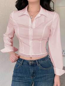 DAZY 性感鱼骨纹学院风修身开衫，镂空蕾丝拼接优雅长袖衬衫，适合办公室穿着，春秋Y2K风格 - 粉色 - 查看 3