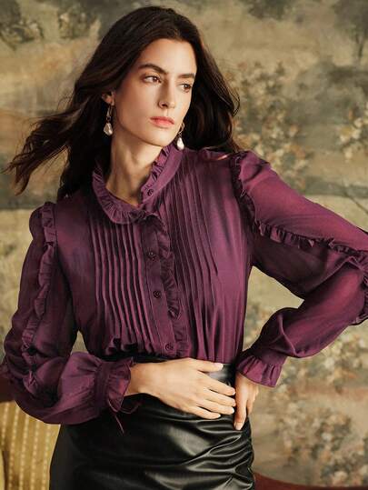 Anewsta 纯色前褶设计，荷叶边袖口，立领长袖两件套衬衫，适合秋季、冬季、春季、新年、派对、婚礼、时尚、优雅场合，也适合工作、感恩节、毕业典礼、圣诞节、节日等场合穿着。