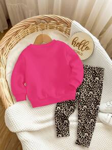SHEIN Bộ áo nỉ dài tay cổ tròn dệt kim dày thường ngày cho bé gái, họa tiết nơ da báo cổ điển, màu hồng - Nhiều màu - Xem 2