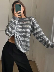 DAZY Áo len dệt kim dáng rộng cổ tròn họa tiết sọc tương phản dành cho nữ mùa thu/đông - Xám - Xem 5