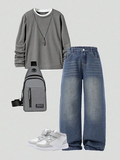 男童休闲舒适时尚柔软宽松百搭破洞喇叭牛仔裤，适合日常穿着，春秋冬季皆宜。