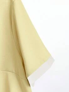 Franclia Plus Size Women's Woven Contrast Color Block V-Neck Short Sleeve Cardigan Shirt & Elastic Waist Straight Leg Pants 2 Pieces Set, Elegant & Romantic - Yellow - View 5