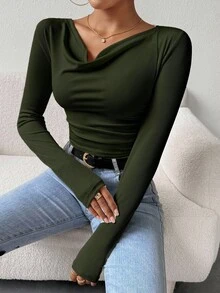 RosyDaze Camisetas femininas casuais de manga comprida, de cor sólida e combinando