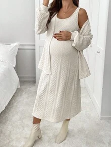 SHEIN 2件套孕妇休闲纯色纹理背心裙套装，秋季 - 杏色 - 查看 1