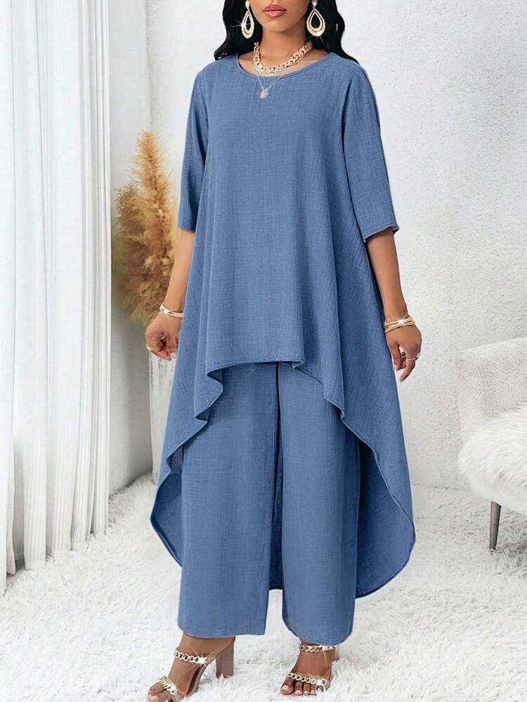 SHEIN Lady 加大码纯色宽松女式上衣和阔腿裤两件套 - 藍色 - 查看 4