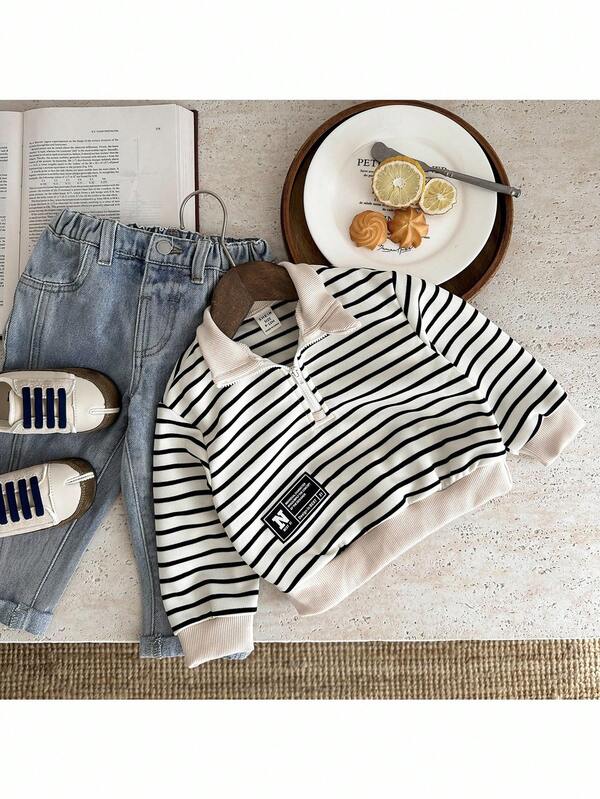 SHEIN Casual Cute Daily Comfortable Knitted Turtleneck Half-Zip Striped Long Sleeve Sweatshirt, Suitable For Outings, School, Gatherings, Autumn/Winter