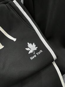 SHEIN 青少年男孩休闲街头标志刺绣舒适纯色连帽衫和运动裤套装，适合通勤、上学、日常休闲、度假、运动、派对、春夏季 - 黑色 - 查看 6