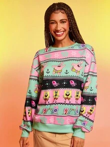 SpongeBob SquarePants | SHEIN Women's Casual Cartoon Pattern Color Block Crew Neck Long Sleeve Sweatshirt, Fall/Winter Pullover Outfit Christmas Cute Sweatershirt