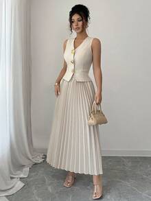 Modelyn 女士 2 件套装：金属扣背心夹克和褶皱喇叭裙，春秋 - 杏色 - 查看 5