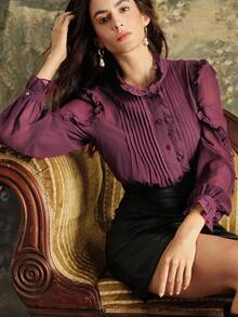 Anewsta 纯色前褶设计，荷叶边袖口，立领长袖两件套衬衫，适合秋季、冬季、春季、新年、派对、婚礼、时尚、优雅场合，也适合工作、感恩节、毕业典礼、圣诞节、节日等场合穿着。 - 紫色 - 查看 4