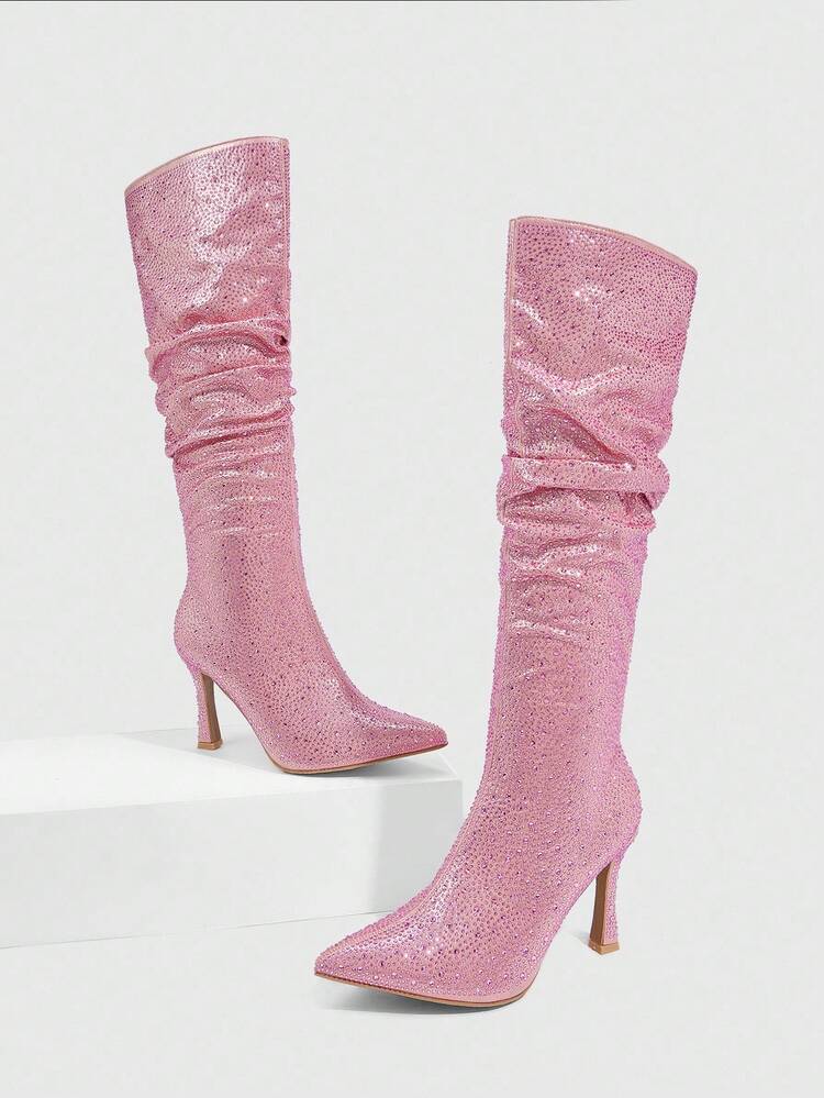 CUCCOO SZL Women's Pointed Toe Rhinestone Embellished Ruched Tall Boots, Sexy High Heel Party Knee-High Boots For Christmas Spring Shoes