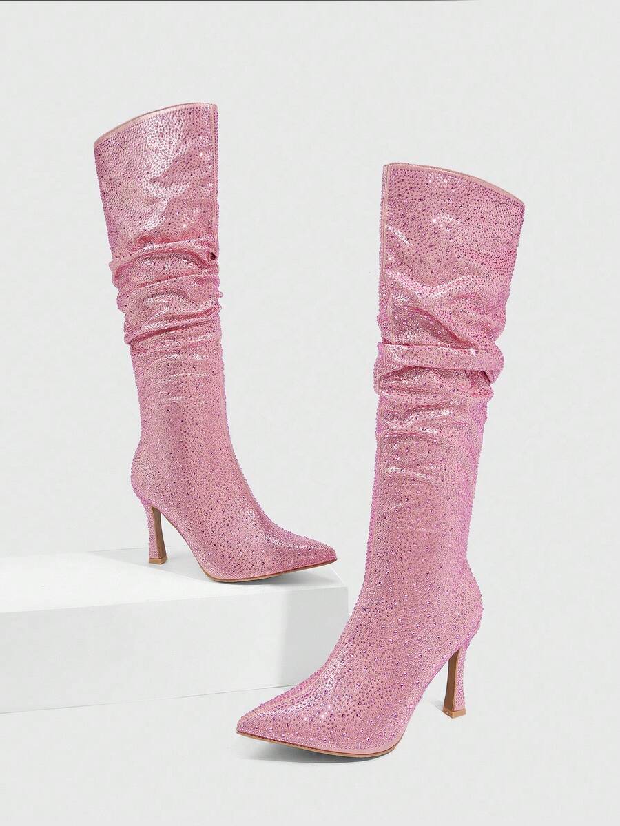 CUCCOO SZL 女式尖头水钻装饰褶饰高筒靴，性感高跟派对及膝靴 - 粉色 - 查看 1