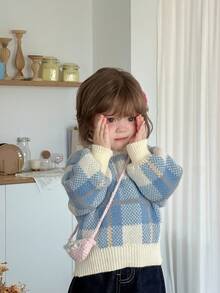 DAZY 女宝宝格子针织毛衣韩版甜美清新长袖秋冬 - 藍色 - 查看 6