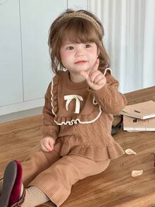 DAZY Conjunto de 2 piezas de suéter de punto con lazo y volantes & leggings para niñas pequeñas, otoño e invierno - Marrón - Ver 4