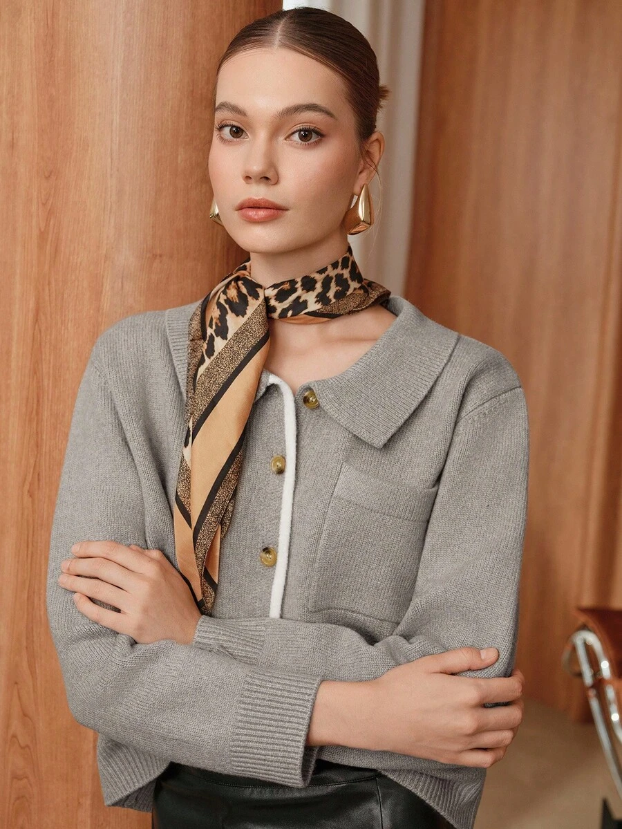 Uhlyne Women's Elegant Contrast Trim Long Sleeve Collared Cardigan, Autumn  Business Casual Woman  Office Attire For Women Business Professional Women - Grey - View 1